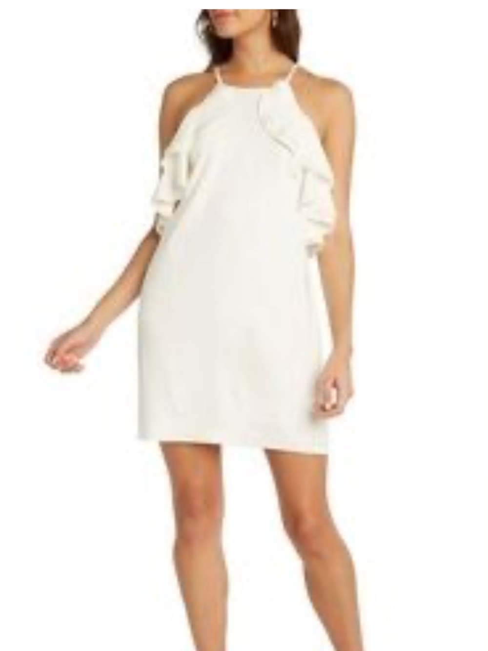 M white linen lux ruffle high neck mini dress